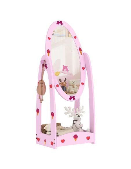 AIYAPLAY Kids Full Length Mirror, 360° Rotating Children Standing Mirror with Storage Shelf, Pink