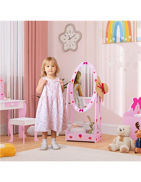 AIYAPLAY Kids Full Length Mirror, 360° Rotating Children Standing Mirror with Storage Shelf, Pink