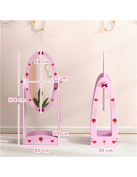 AIYAPLAY Kids Full Length Mirror, 360° Rotating Children Standing Mirror with Storage Shelf, Pink