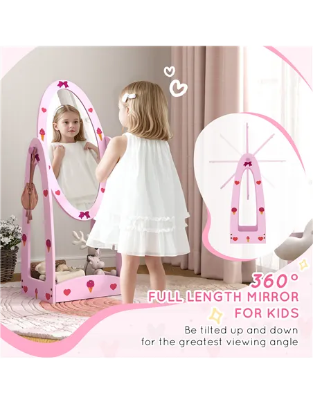 AIYAPLAY Kids Full Length Mirror, 360° Rotating Children Standing Mirror with Storage Shelf, Pink