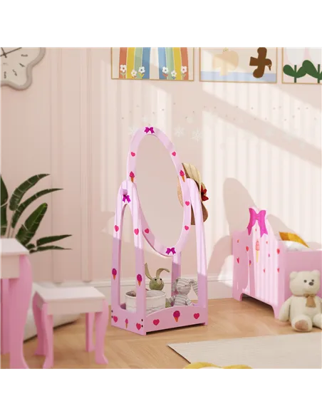 AIYAPLAY Kids Full Length Mirror, 360° Rotating Children Standing Mirror with Storage Shelf, Pink