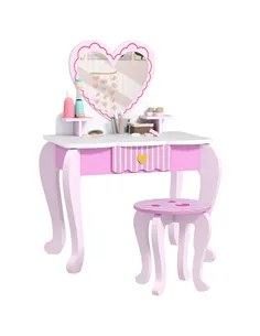 AIYAPLAY Kids Dressing Table Set, Vanity Table with Stool, Mirror, Drawer, Desktop Storage, Heart Theme, Pink