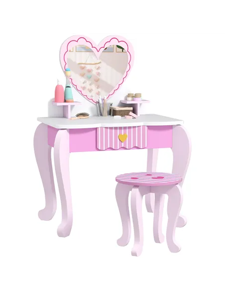 AIYAPLAY Kids Dressing Table Set, Vanity Table with Stool, Mirror, Drawer, Desktop Storage, Heart Theme, Pink