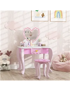 AIYAPLAY Kids Dressing Table Set, Vanity Table with Stool, Mirror, Drawer, Desktop Storage, Heart Theme, Pink 2
