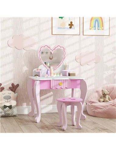 AIYAPLAY Kids Dressing Table Set, Vanity Table with Stool, Mirror, Drawer, Desktop Storage, Heart Theme, Pink