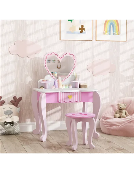 AIYAPLAY Kids Dressing Table Set, Vanity Table with Stool, Mirror, Drawer, Desktop Storage, Heart Theme, Pink