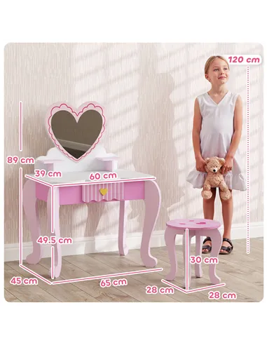 AIYAPLAY Kids Dressing Table Set, Vanity Table with Stool, Mirror, Drawer, Desktop Storage, Heart Theme, Pink