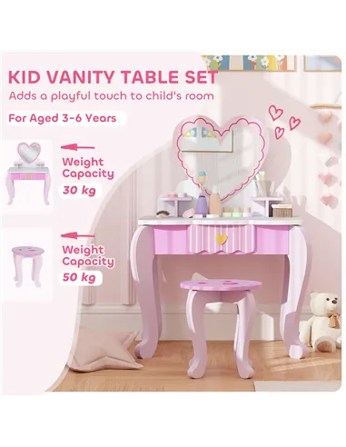 AIYAPLAY Kids Dressing Table Set, Vanity Table with Stool, Mirror, Drawer, Desktop Storage, Heart Theme, Pink