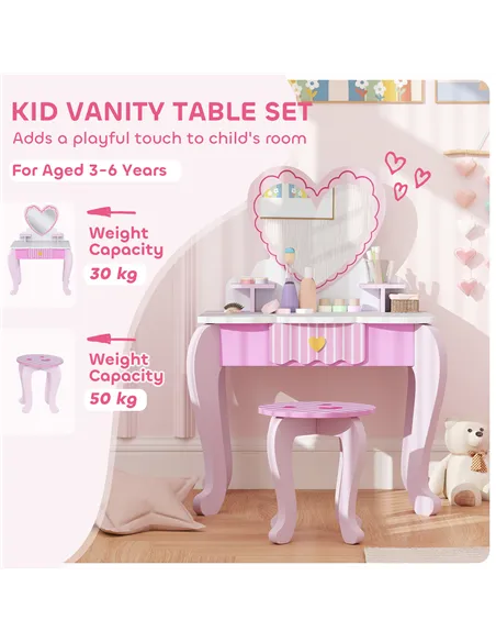 AIYAPLAY Kids Dressing Table Set, Vanity Table with Stool, Mirror, Drawer, Desktop Storage, Heart Theme, Pink