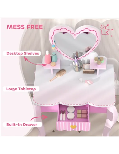 AIYAPLAY Kids Dressing Table Set, Vanity Table with Stool, Mirror, Drawer, Desktop Storage, Heart Theme, Pink