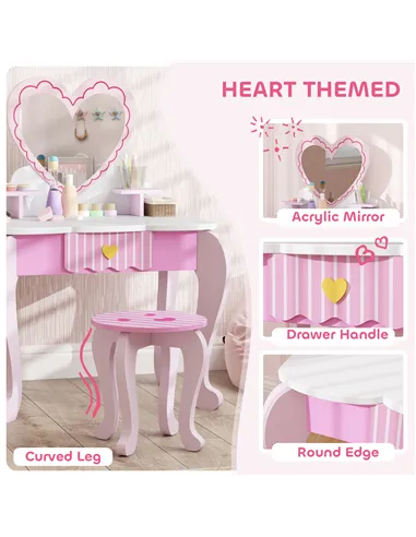 AIYAPLAY Kids Dressing Table Set, Vanity Table with Stool, Mirror, Drawer, Desktop Storage, Heart Theme, Pink