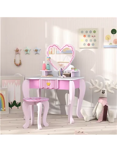 AIYAPLAY Kids Dressing Table Set, Vanity Table with Stool, Mirror, Drawer, Desktop Storage, Heart Theme, Pink