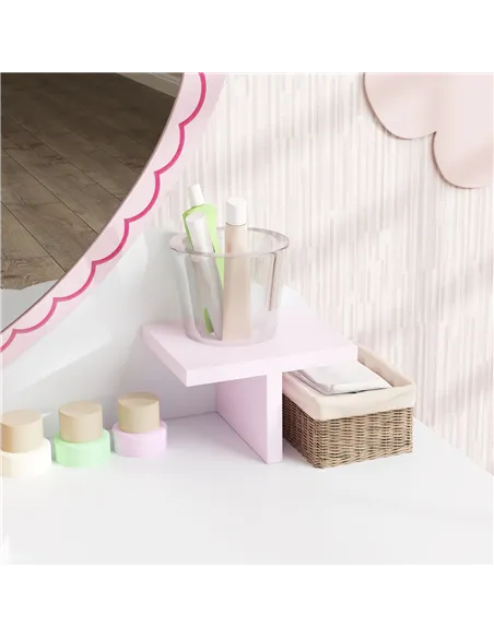 AIYAPLAY Kids Dressing Table Set, Vanity Table with Stool, Mirror, Drawer, Desktop Storage, Heart Theme, Pink