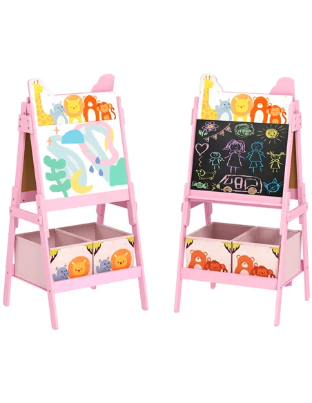 AIYAPLAY 2 in 1 Kids Easel with Whiteboard, Chalkboard, Storage Boxes, for Ages 3-8 Years, Pink
