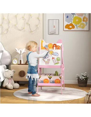 AIYAPLAY 2 in 1 Kids Easel with Whiteboard, Chalkboard, Storage Boxes, for Ages 3-8 Years, Pink