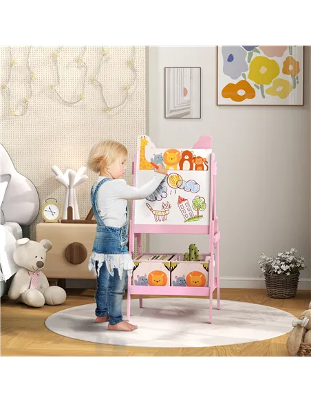 AIYAPLAY 2 in 1 Kids Easel with Whiteboard, Chalkboard, Storage Boxes, for Ages 3-8 Years, Pink