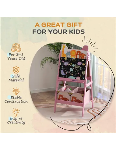 AIYAPLAY 2 in 1 Kids Easel with Whiteboard, Chalkboard, Storage Boxes, for Ages 3-8 Years, Pink