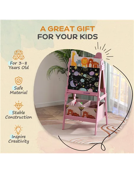 AIYAPLAY 2 in 1 Kids Easel with Whiteboard, Chalkboard, Storage Boxes, for Ages 3-8 Years, Pink