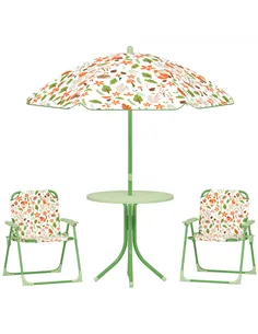AIYAPLAY 4-Piece Kids Garden Table and Chair Set with Adjustable Parasol, Folding Chairs, Table, Nature Pattern, Green