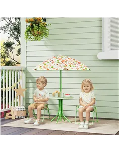 AIYAPLAY 4-Piece Kids Garden Table and Chair Set with Adjustable Parasol, Folding Chairs, Table, Nature Pattern, Green 2