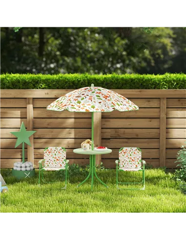 AIYAPLAY 4-Piece Kids Garden Table and Chair Set with Adjustable Parasol, Folding Chairs, Table, Nature Pattern, Green