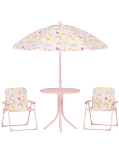 AIYAPLAY 4-Piece Kids Garden Table and Chair Set with Adjustable Parasol, Folding Chairs, Table, Rainbow Pattern, Pink