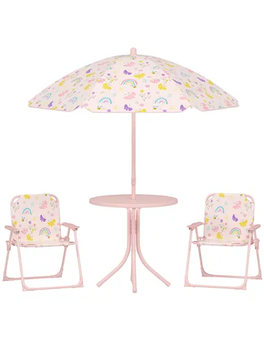AIYAPLAY 4-Piece Kids Garden Table and Chair Set with Adjustable Parasol, Folding Chairs, Table, Rainbow Pattern, Pink