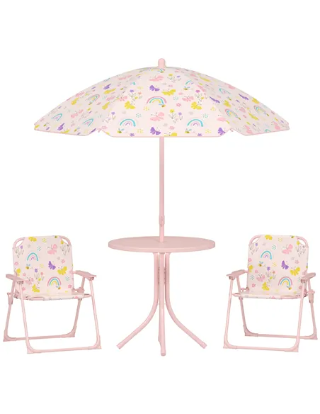 AIYAPLAY 4-Piece Kids Garden Table and Chair Set with Adjustable Parasol, Folding Chairs, Table, Rainbow Pattern, Pink