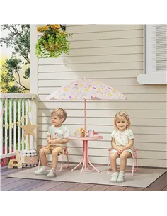 AIYAPLAY 4-Piece Kids Garden Table and Chair Set with Adjustable Parasol, Folding Chairs, Table, Rainbow Pattern, Pink 2
