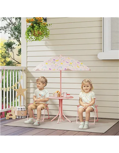 AIYAPLAY 4-Piece Kids Garden Table and Chair Set with Adjustable Parasol, Folding Chairs, Table, Rainbow Pattern, Pink