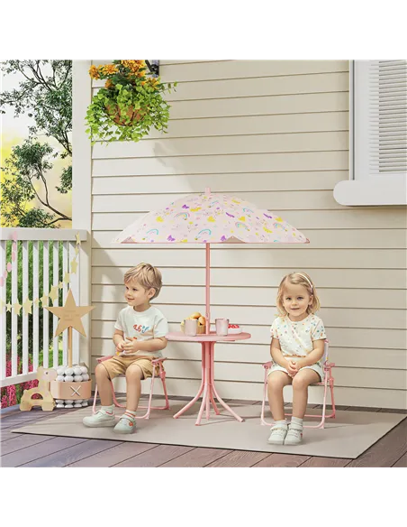 AIYAPLAY 4-Piece Kids Garden Table and Chair Set with Adjustable Parasol, Folding Chairs, Table, Rainbow Pattern, Pink