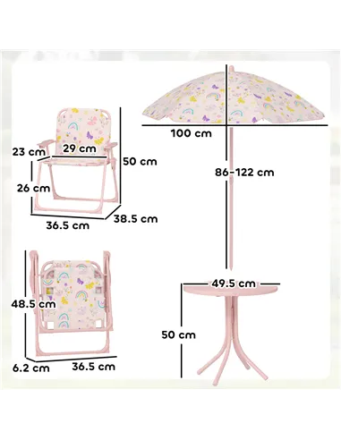 AIYAPLAY 4-Piece Kids Garden Table and Chair Set with Adjustable Parasol, Folding Chairs, Table, Rainbow Pattern, Pink