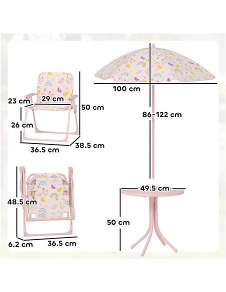 AIYAPLAY 4-Piece Kids Garden Table and Chair Set with Adjustable Parasol, Folding Chairs, Table, Rainbow Pattern, Pink