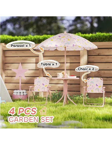AIYAPLAY 4-Piece Kids Garden Table and Chair Set with Adjustable Parasol, Folding Chairs, Table, Rainbow Pattern, Pink