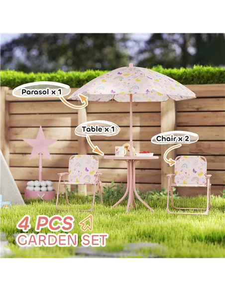 AIYAPLAY 4-Piece Kids Garden Table and Chair Set with Adjustable Parasol, Folding Chairs, Table, Rainbow Pattern, Pink