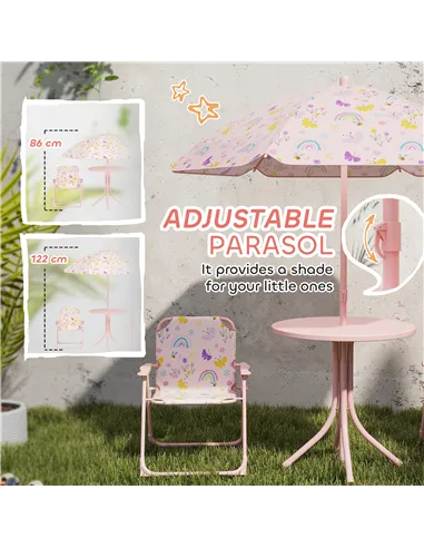 AIYAPLAY 4-Piece Kids Garden Table and Chair Set with Adjustable Parasol, Folding Chairs, Table, Rainbow Pattern, Pink