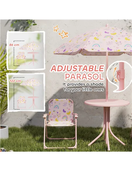AIYAPLAY 4-Piece Kids Garden Table and Chair Set with Adjustable Parasol, Folding Chairs, Table, Rainbow Pattern, Pink