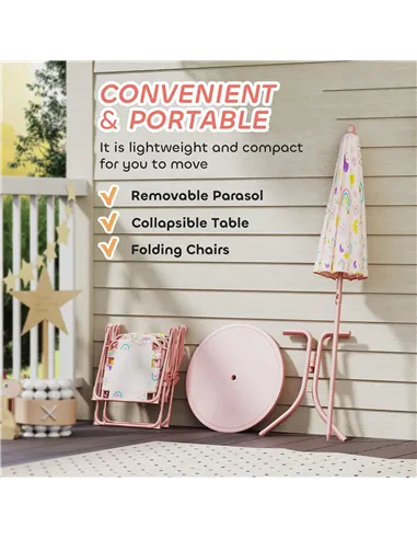 AIYAPLAY 4-Piece Kids Garden Table and Chair Set with Adjustable Parasol, Folding Chairs, Table, Rainbow Pattern, Pink