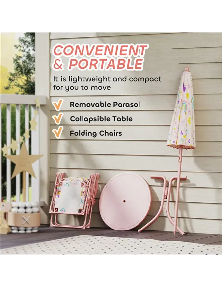 AIYAPLAY 4-Piece Kids Garden Table and Chair Set with Adjustable Parasol, Folding Chairs, Table, Rainbow Pattern, Pink