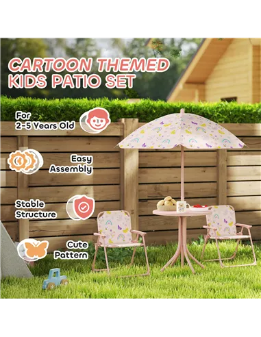 AIYAPLAY 4-Piece Kids Garden Table and Chair Set with Adjustable Parasol, Folding Chairs, Table, Rainbow Pattern, Pink