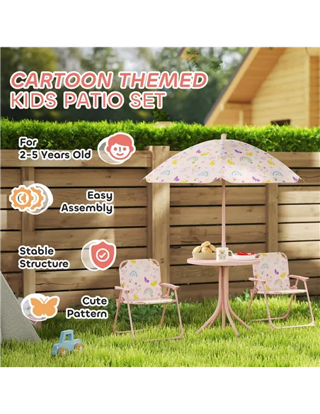 AIYAPLAY 4-Piece Kids Garden Table and Chair Set with Adjustable Parasol, Folding Chairs, Table, Rainbow Pattern, Pink