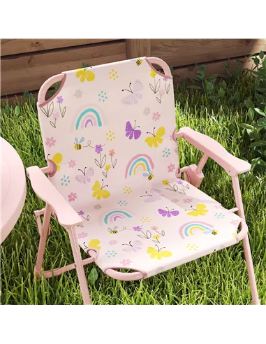 AIYAPLAY 4-Piece Kids Garden Table and Chair Set with Adjustable Parasol, Folding Chairs, Table, Rainbow Pattern, Pink