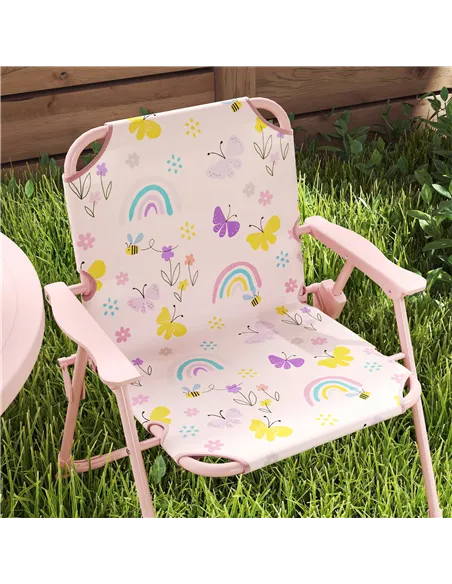 AIYAPLAY 4-Piece Kids Garden Table and Chair Set with Adjustable Parasol, Folding Chairs, Table, Rainbow Pattern, Pink