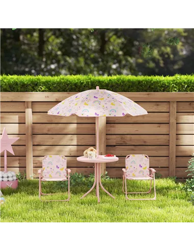 AIYAPLAY 4-Piece Kids Garden Table and Chair Set with Adjustable Parasol, Folding Chairs, Table, Rainbow Pattern, Pink