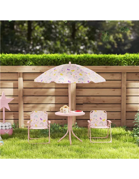 AIYAPLAY 4-Piece Kids Garden Table and Chair Set with Adjustable Parasol, Folding Chairs, Table, Rainbow Pattern, Pink