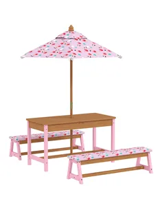 AIYAPLAY Kids Picnic Table Set with Removable & Foldable Umbrella, Cushions, Storage Boxes, Flamingo Theme, Pink