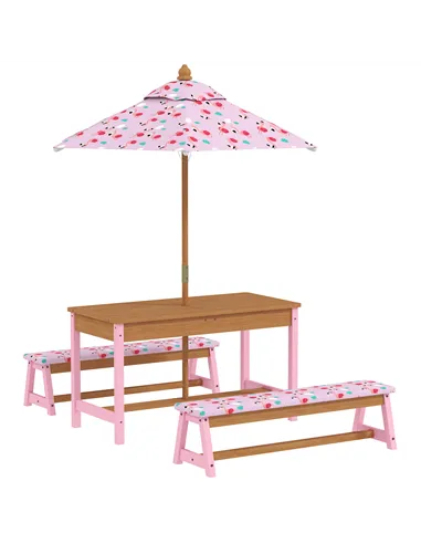 AIYAPLAY Kids Picnic Table Set with Removable & Foldable Umbrella, Cushions, Storage Boxes, Flamingo Theme, Pink