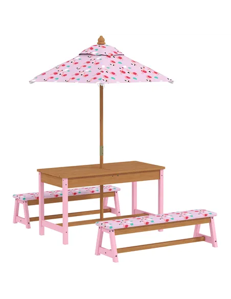 AIYAPLAY Kids Picnic Table Set with Removable & Foldable Umbrella, Cushions, Storage Boxes, Flamingo Theme, Pink