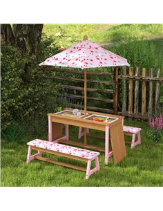 AIYAPLAY Kids Picnic Table Set with Removable & Foldable Umbrella, Cushions, Storage Boxes, Flamingo Theme, Pink 2