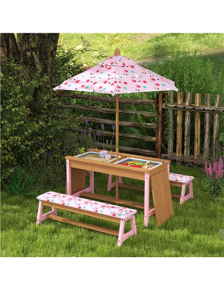 AIYAPLAY Kids Picnic Table Set with Removable & Foldable Umbrella, Cushions, Storage Boxes, Flamingo Theme, Pink